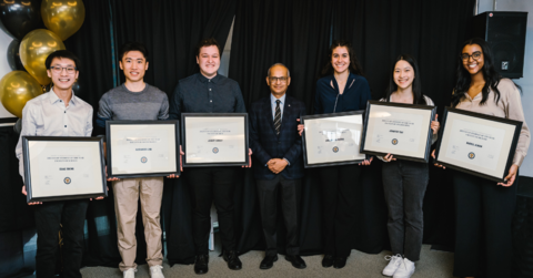 Group photo of 2022 Co-op Student of the Year Award recipients and University of Waterloo president, Dr. Vivek Goel