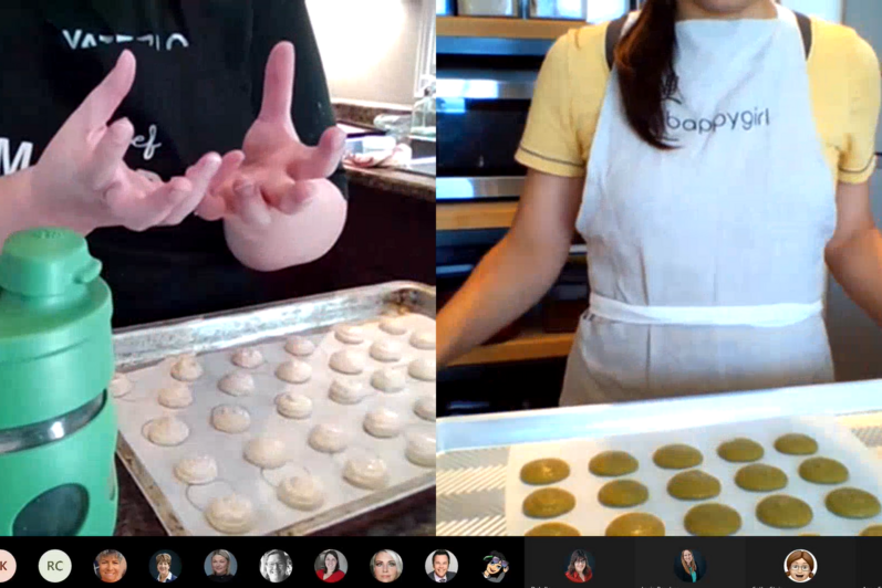 Two people baking cookies during a virtual baking class