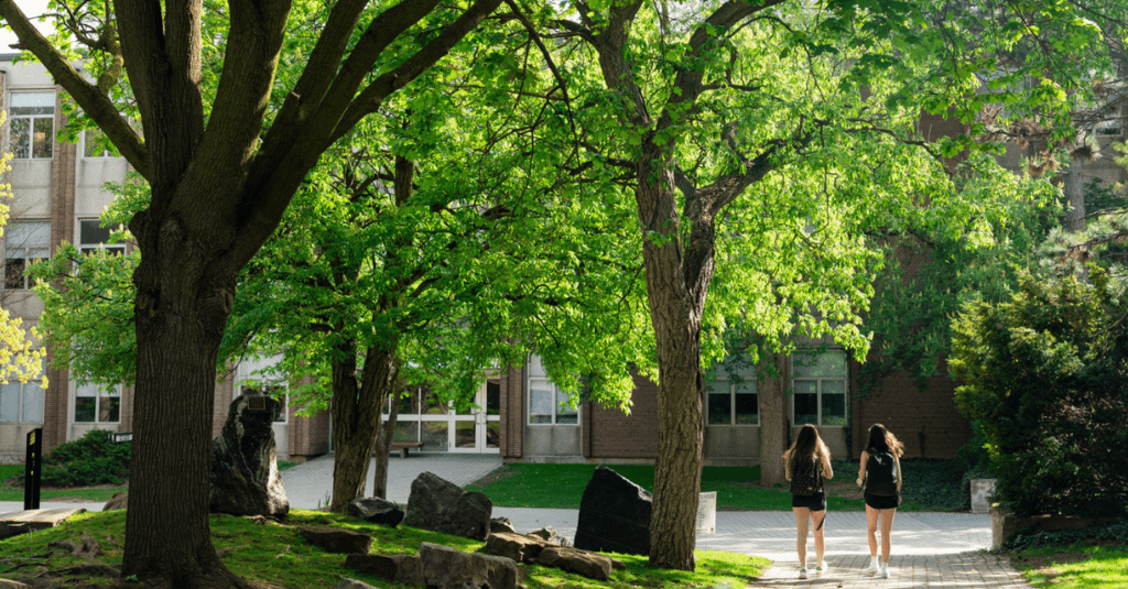 A view of two students walking through a garden on University of Waterloo campus