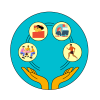 Illustration of human hands juggling balls that depict different aspects of life: eating with friends, sleeping, working and exercising.