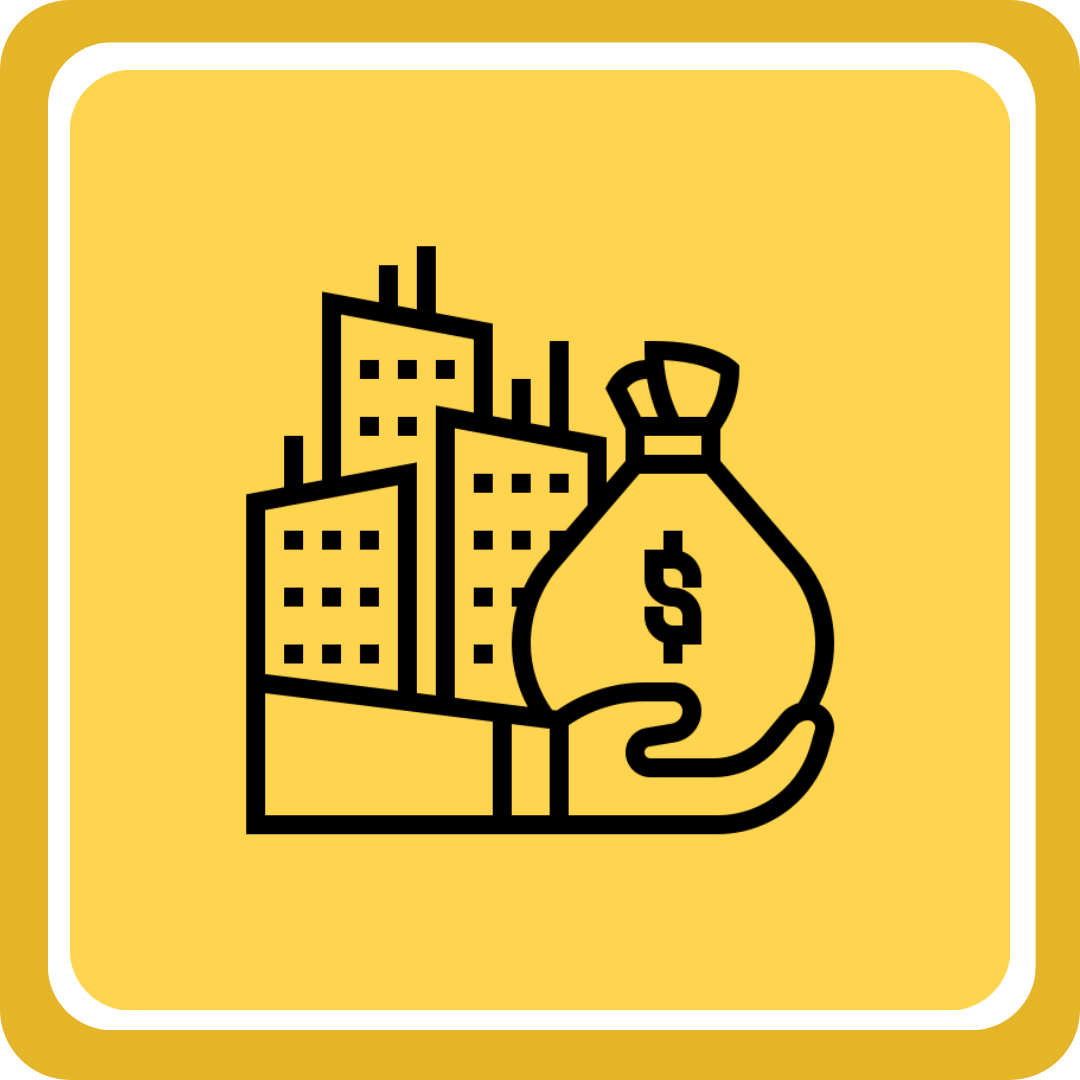 Illustration of a hand holding a bag of money and buildings in the background