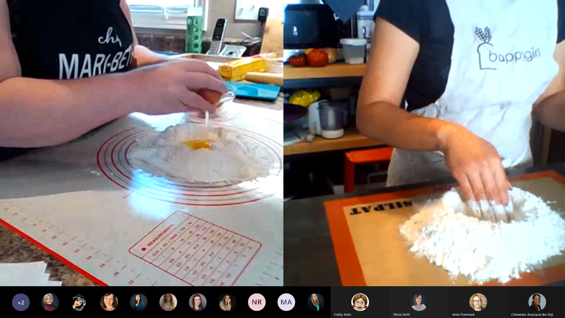 Two people on a virtual call putting an egg on flour