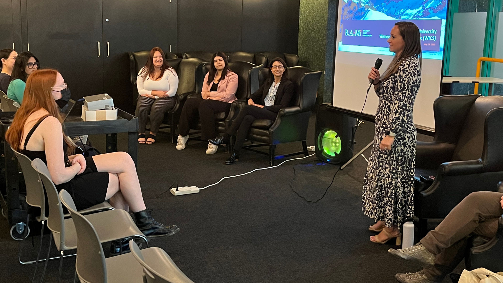 Hannah Dinardo, head of campus recruiting at BAM, speaks to the attendees of the fireside chat on May 24, 2023 in the Davis Centre.