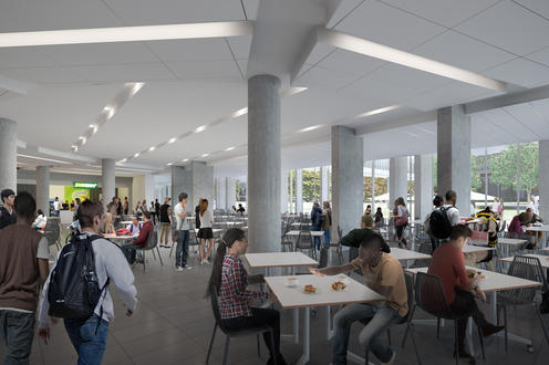 A rendering of new expanded dining area. Students walking, sitting, eating at white tables with grey modern chairs. 