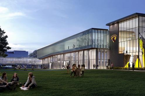 Rendering of glass building with Warriors logo on marquee, glass bridge, and students sitting on grass in foreground.