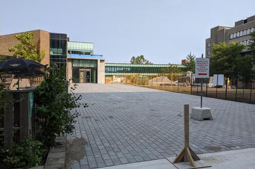 The entrance to the new dining hall with the bridge to MC on the right.