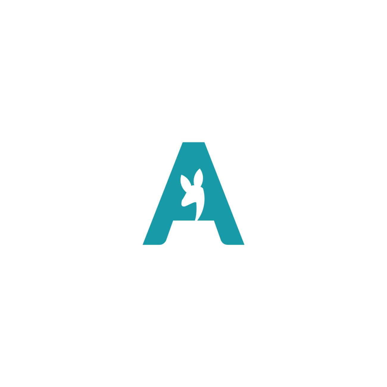 Letter A in teal with kangaroo head in the middle