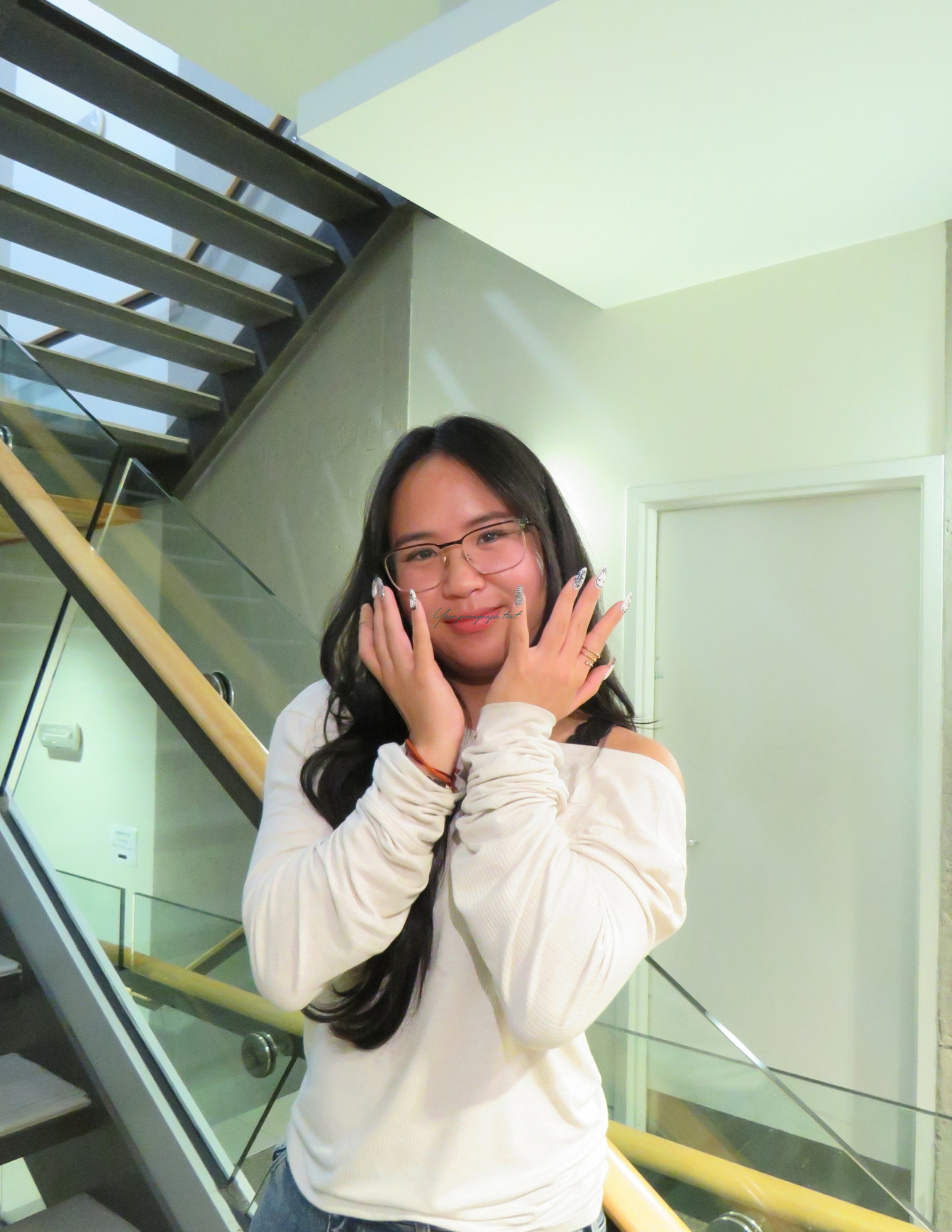 Sky posing on a staircase