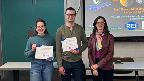 Sofia Chiarenza and Cameron Morgan stand beside Dr Sara Seager