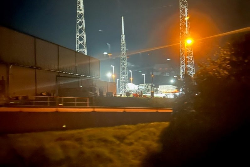Euclid on the launch pad prior to being raised to vertical (nose cone facing camera)