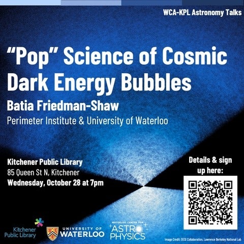 Poster displaying event details over an image of the universe's large scale structure. Event title, date and location are listed, available in the event description