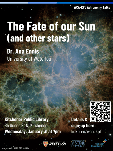 Poster advertising KPL seminar -- The Fate of our Sun (and other stars) by Dr. Ana Ennis