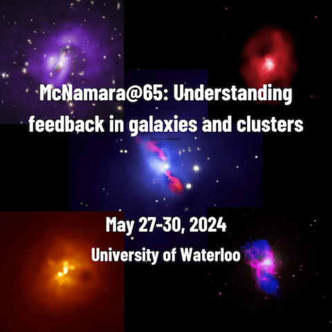 Event listing image for McNamara@65: Understanding feedback in galaxies and clusters conference. Image shows five Chandra AGN images with McNamara@65: Understanding feedback in galaxies and clusters, May 27-30, 2024, University of Waterloo overlaid.