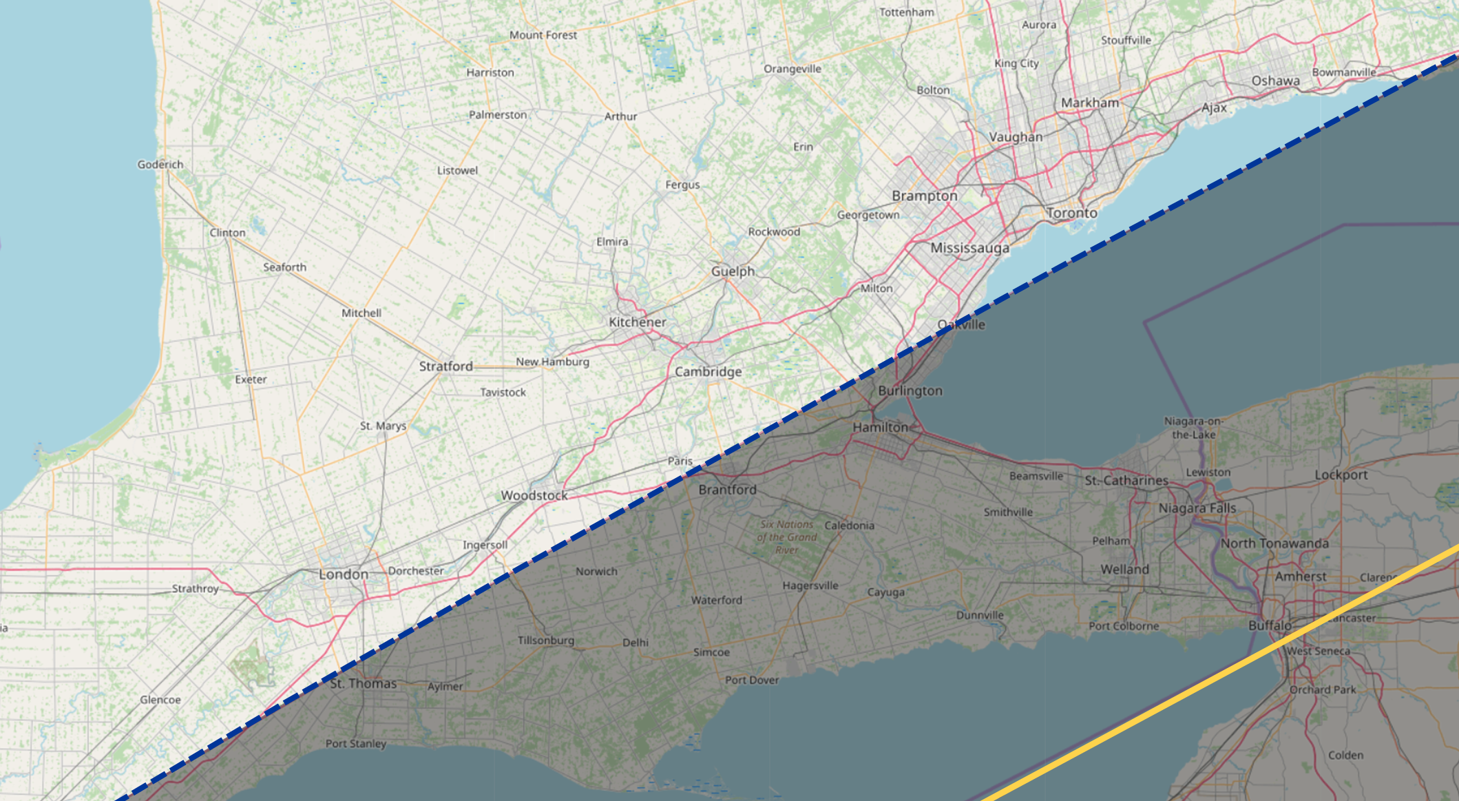 Map of Southern Ontario, showing path in which total eclipse will be visible
