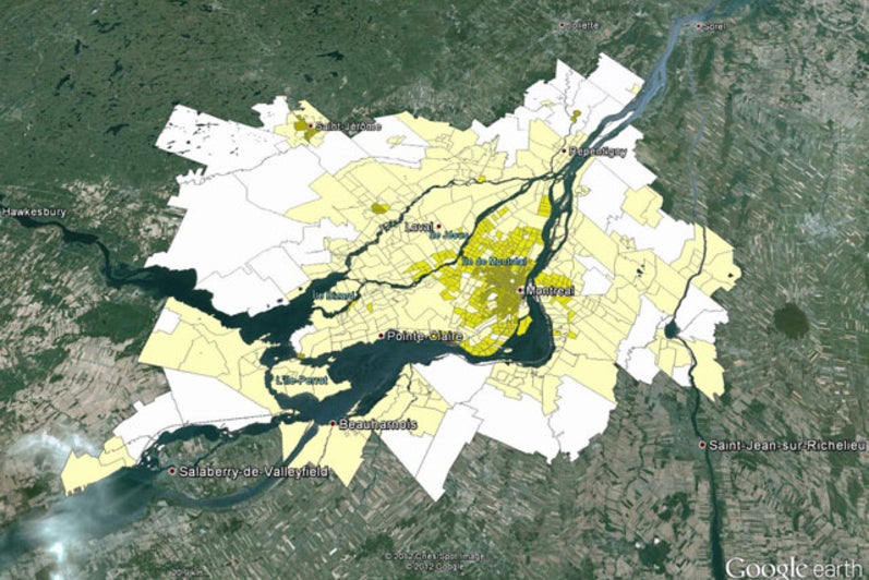 Suburban nature of Montréal rendered in Google Earth, using Gordon’s “Density” method.