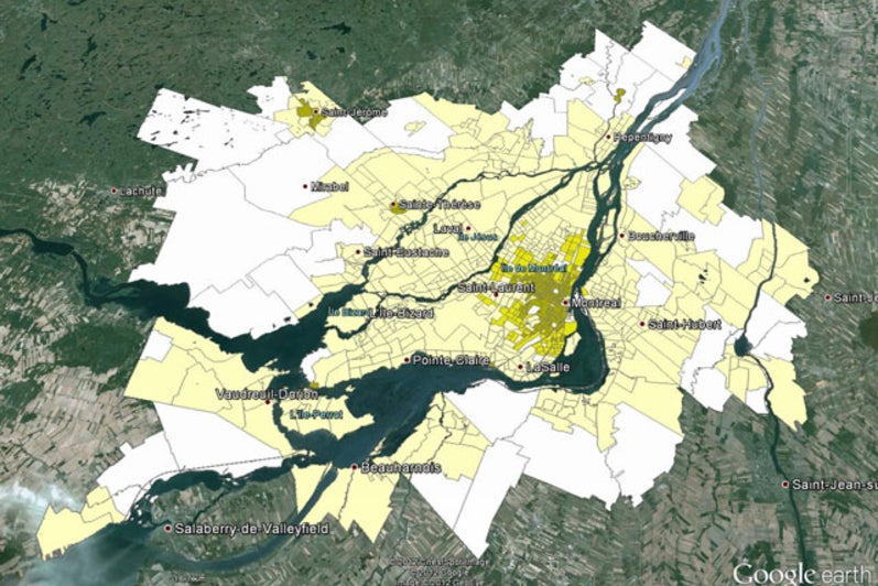 Suburban nature of Montréal rendered in Google Earth, using Gordon’s “Transportation” method.