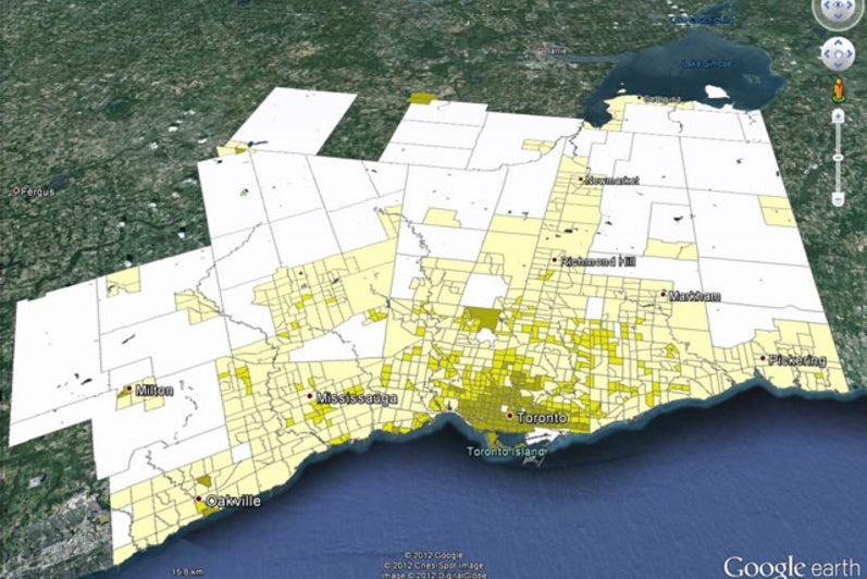 Suburban nature of Toronto rendered in Google Earth, using Gordon’s “Density” method.