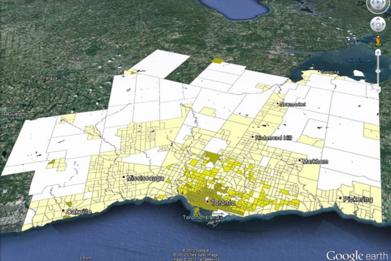Suburban nature of Toronto rendered in Google Earth, using Gordon’s “Transportation” method.