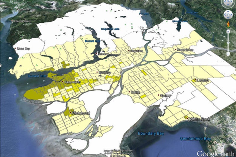 Suburban nature of Vancouver rendered in Google Earth, using Gordon’s “Density” method.