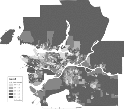 Location Quotient maps for single-detached housing in Vancouver.