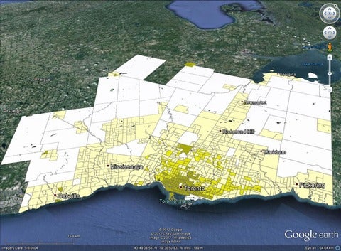 Suburban nature of Toronto rendered in Google Earth, using Gordon’s “Transportation” method.