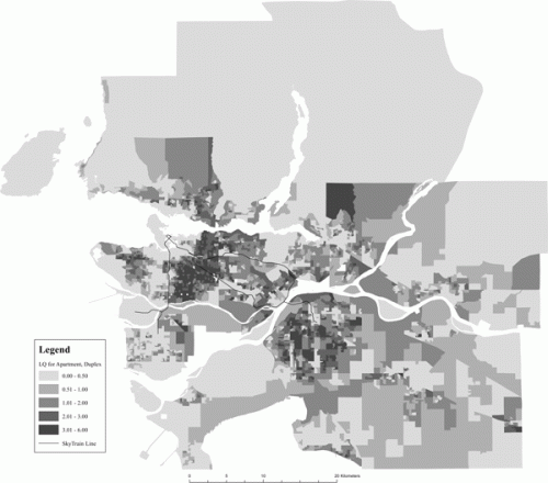 Location Quotient maps for duplex apartments in Vancouver - Produced by Kevin Chan using Statistics Canada census data (2006).