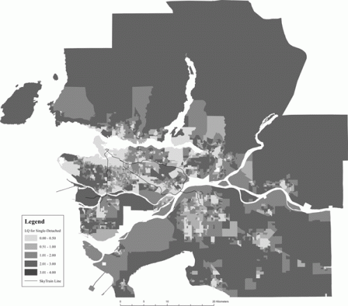 Location Quotient maps for single-detached housing in Vancouver - Produced by Kevin Chan using Statistics Canada census data (2006).