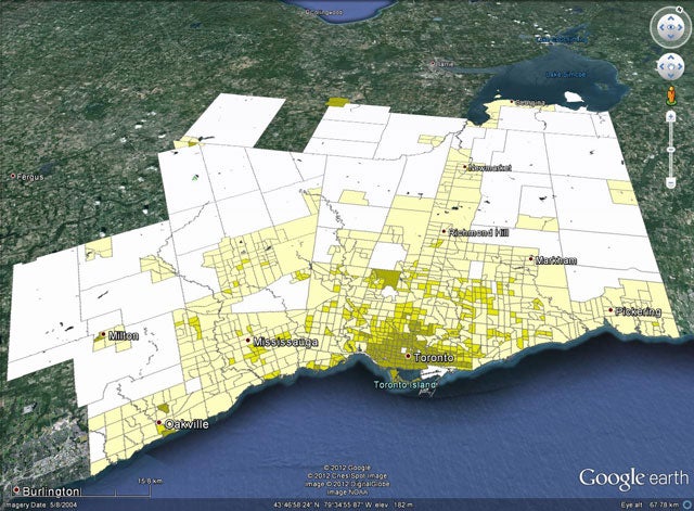 Suburban nature of Toronto rendered in Google Earth, using Gordon’s “Density” method.