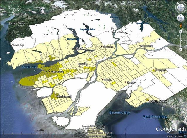 Suburban nature of Vancouver rendered in Google Earth, using Gordon’s “Density” method.