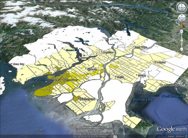 Suburban nature of Vancouver rendered in Google Earth, using Gordon’s “Transportation” method.