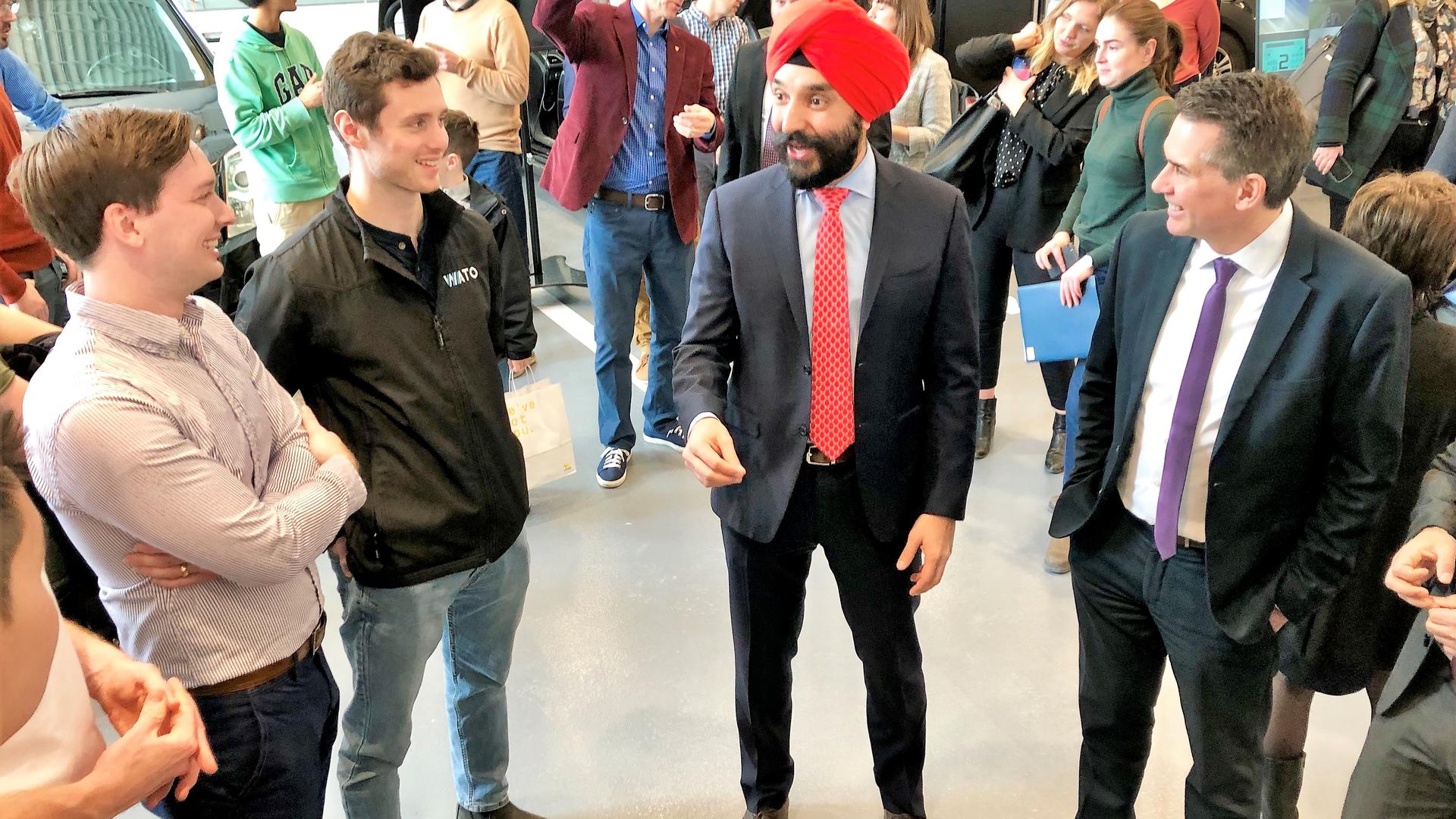 Federal Minister of Innovation, Science and Industry Navdeep Bains speaking with students