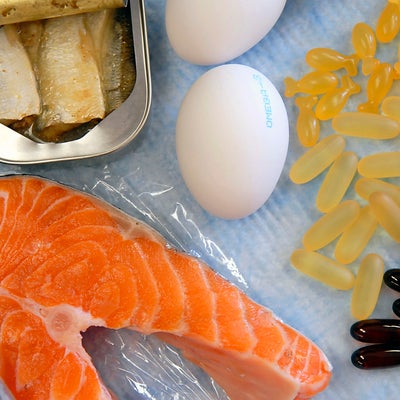 Picture of salmon, eggs, and other foods