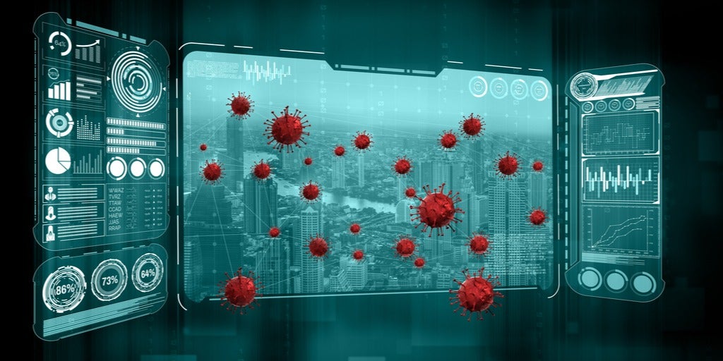coronovirus molecules with data imagery and city 
