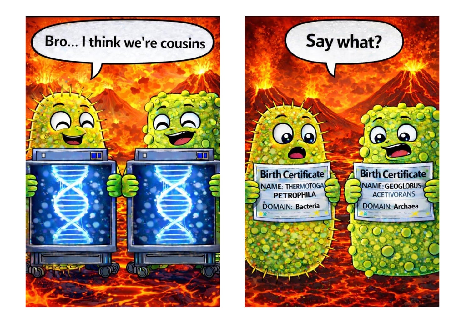 Maximally divergent microbes: hyperthermophilic bacterium left and hyperthermophilic archaeon right