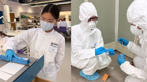 Left: a student prepares a sample in the lab. Right: two scientists help each other take samples at a scene.