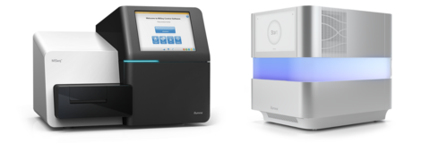 Illumina MiSeq System​ on the left and a side view of NextSeq 2000 with blue light on the right​