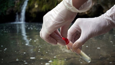 Someone with gloves taking a wastewater sample.