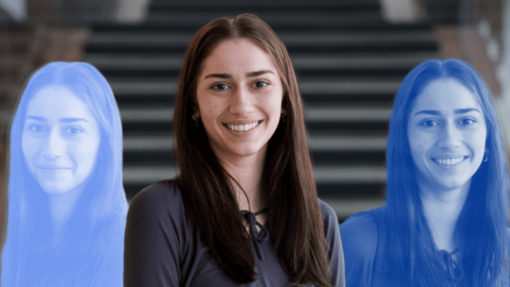 Milena Gojsevic standing in front of staircase smiling with two of her edited avatars on either side