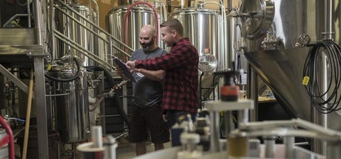 Science alumn Steve Innocente and co-op student Tyler Ball discussing content on a clipboard in the brewery