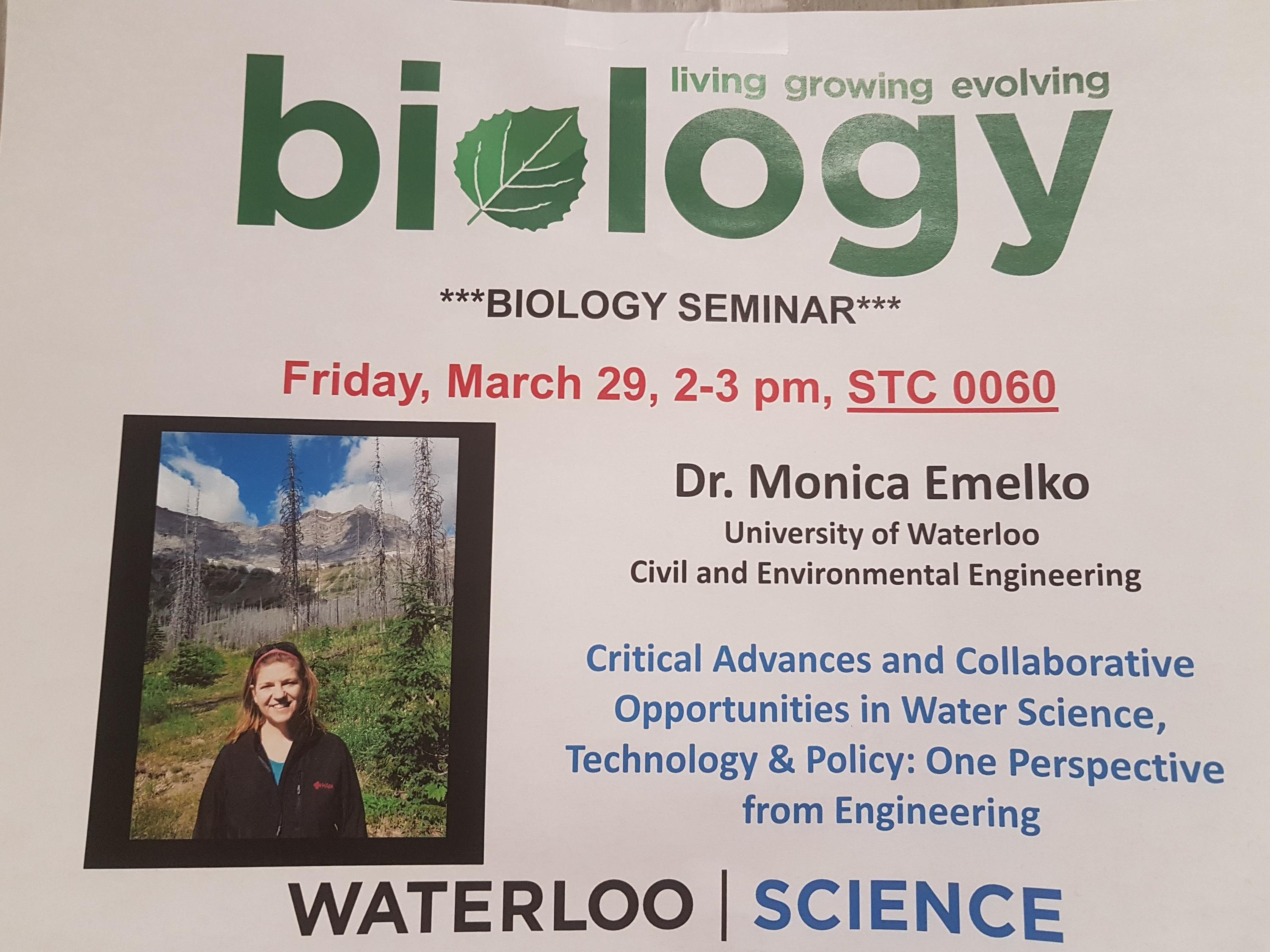 Biology Seminar with Dr. Monica Emelko poster