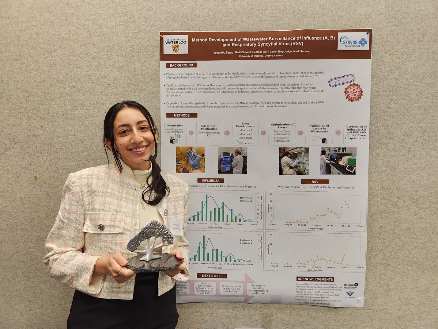 Joud Abu Farah posting with best poster award at Toronto's Wastewater Surveillance Conference