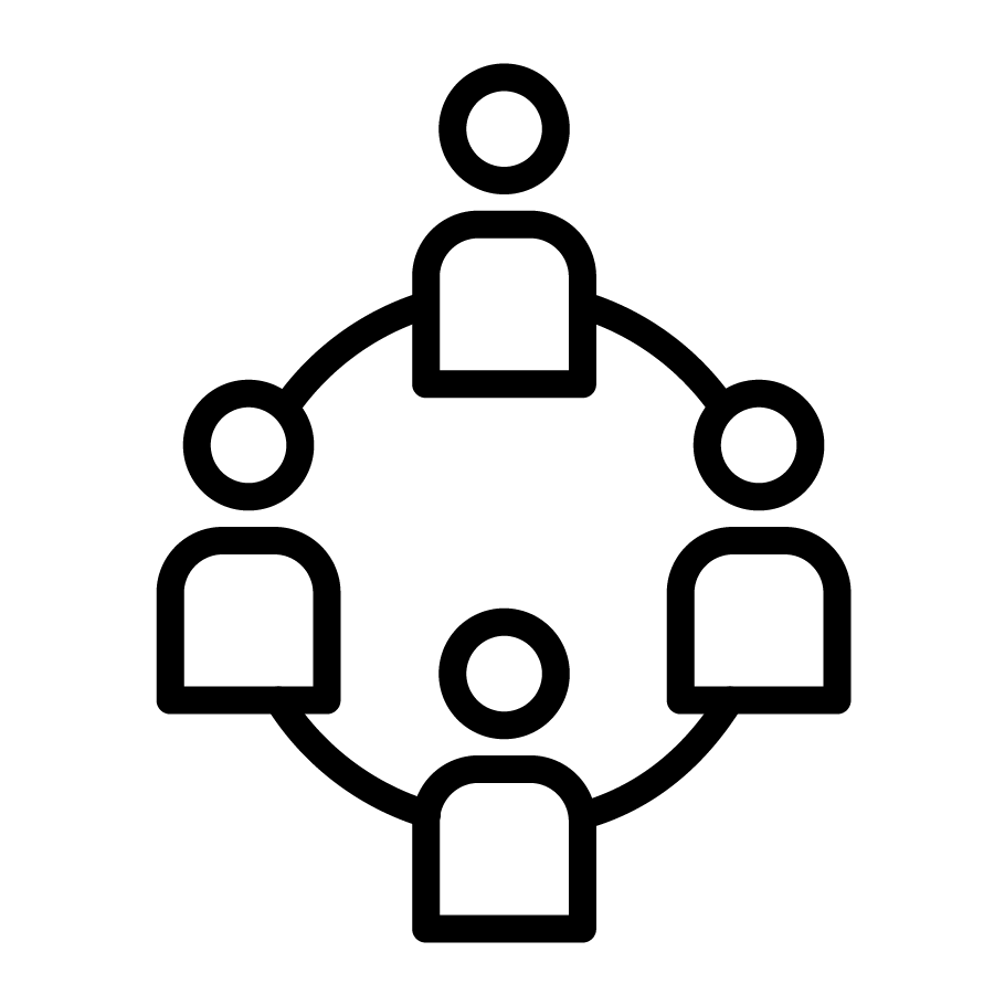 black and white infographic of symbols representing people connected by a circle 