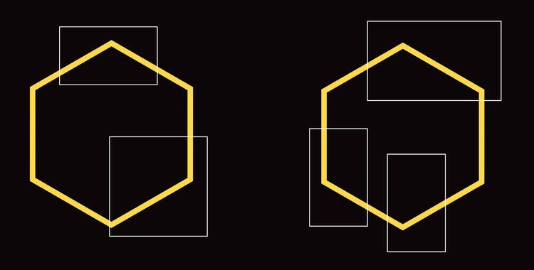 hexagons shown being broken into parts with squares and rectabgles overtop
