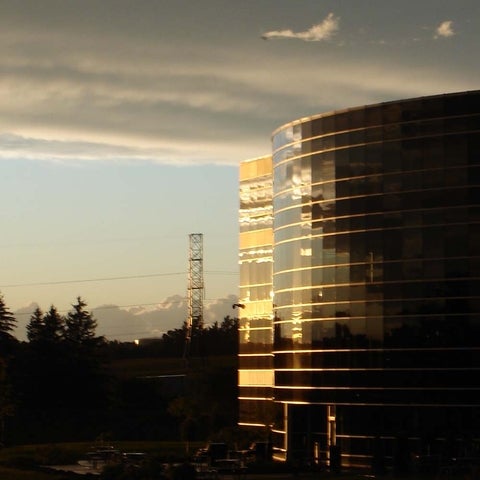 Sunset view of a glass business office