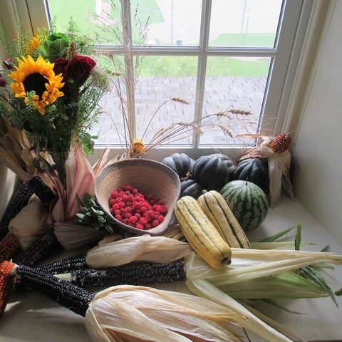 A collection of corn, crab apples, and a bouqet of flowers in a large window sill
