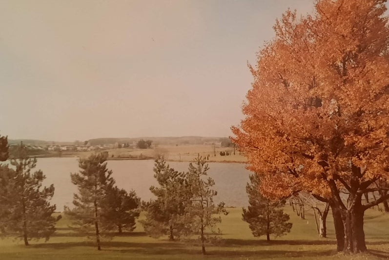 A vintage photo of a view colombia lake with trees in fall colours