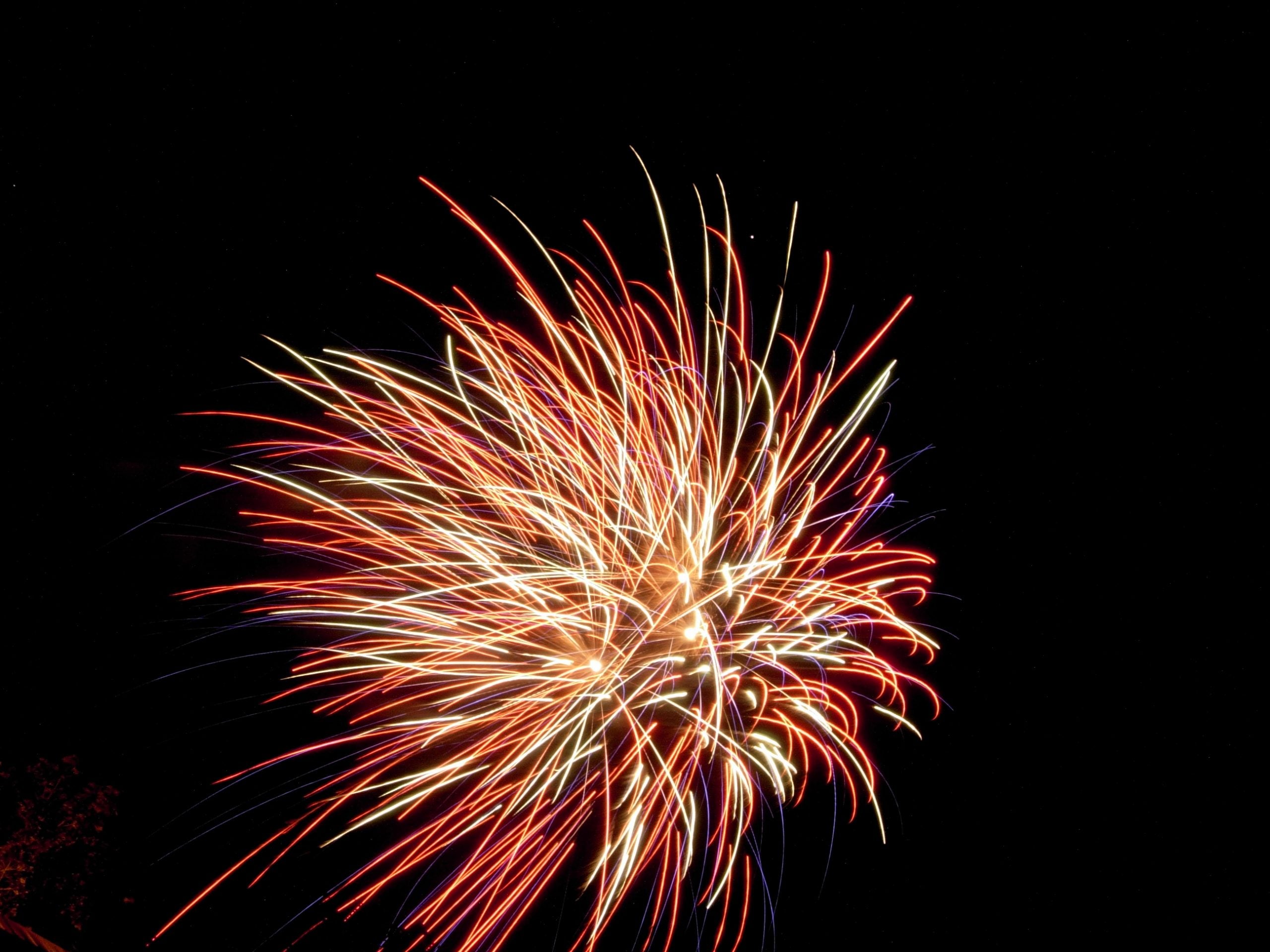 A long exposure photograph of fireworks in the night sky