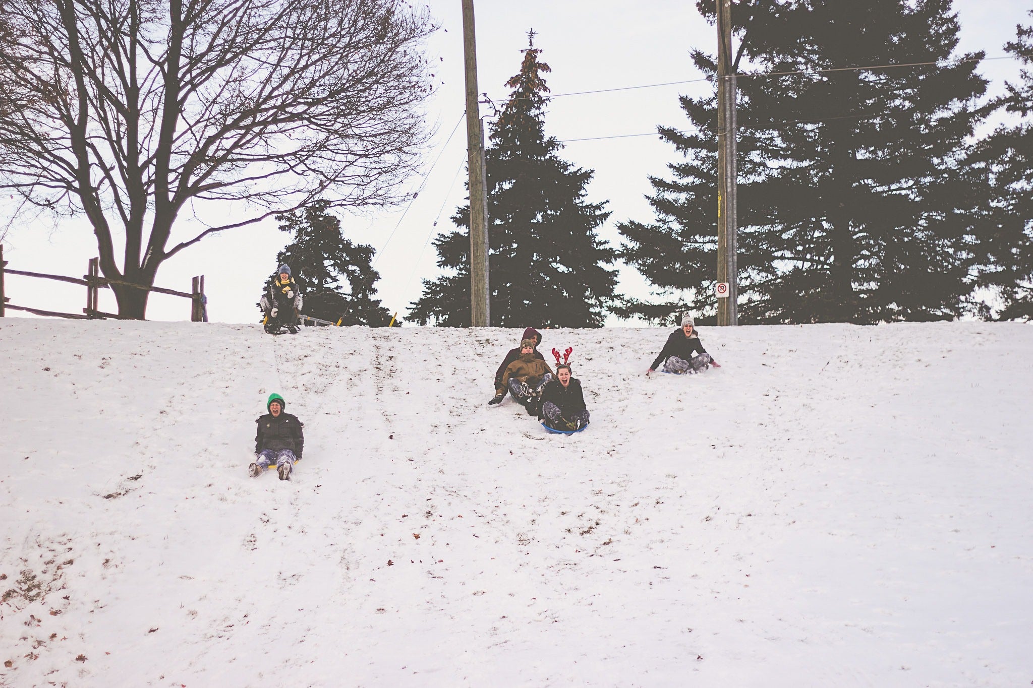 Four children toboggan down a snowy hill outside Brubacher House