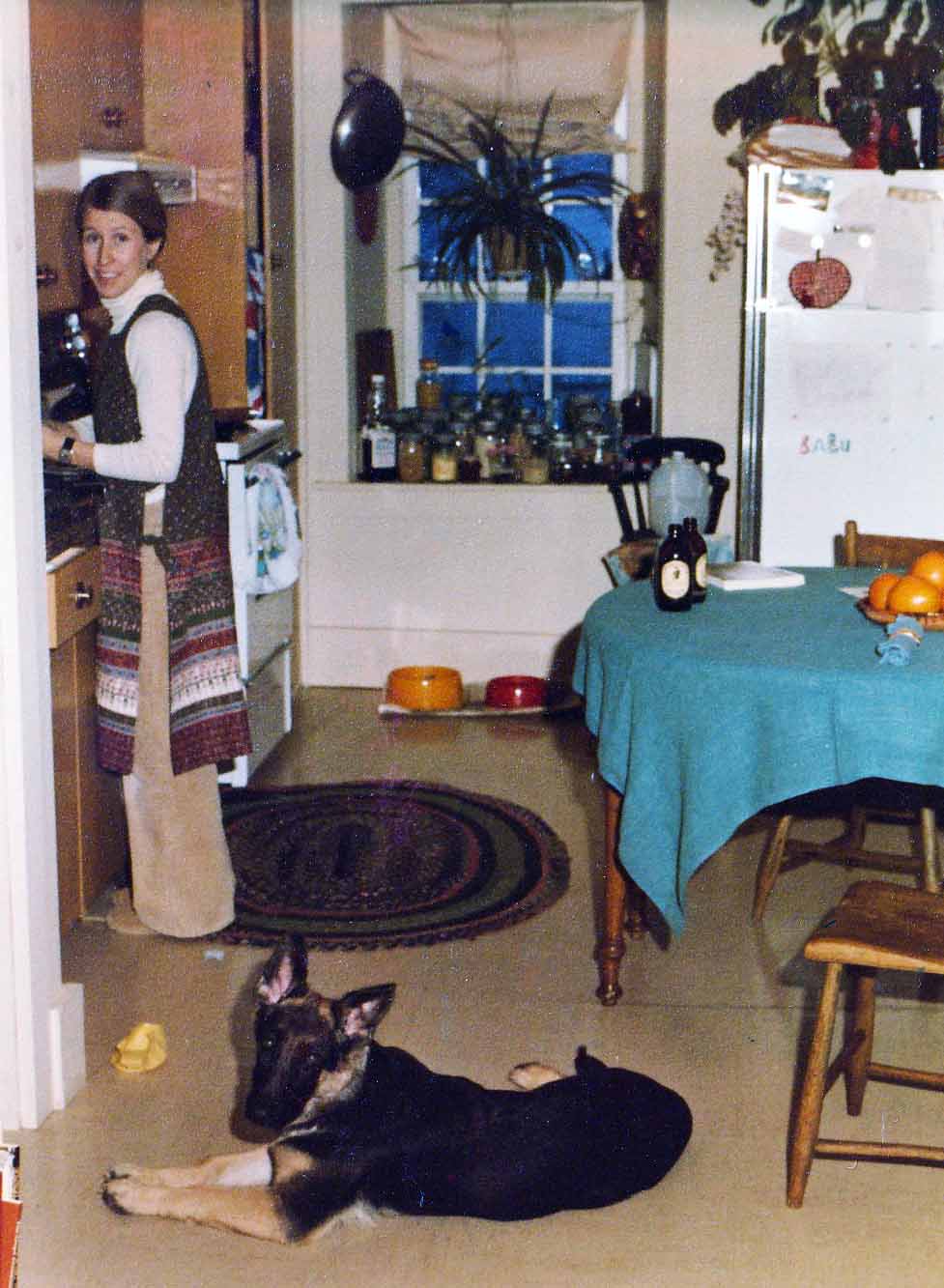 a young woman smiles in this vintage photo, while she stands at the kitchen counter. A young german shepherd dog lays on the kitchen linoleum floor.