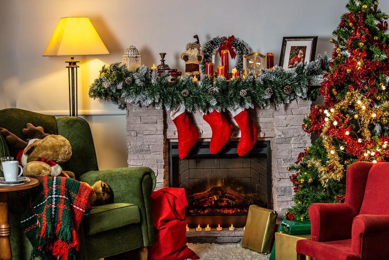 Christmas themed living room and fire place
